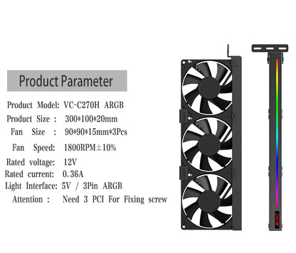 TEUCER VC-C270H Computer Graphics Card Bracket ARGB 5V 3Pin Addressable Headers GPU Silent Cooling Fan for Most Graphics Cards