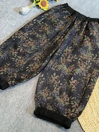 Amax LuluE Winter Casual Vintage Floral Jeans Womens Fashion Fur Denim Pants Ladies Classic Printed Warm Thicken Harem Trousers