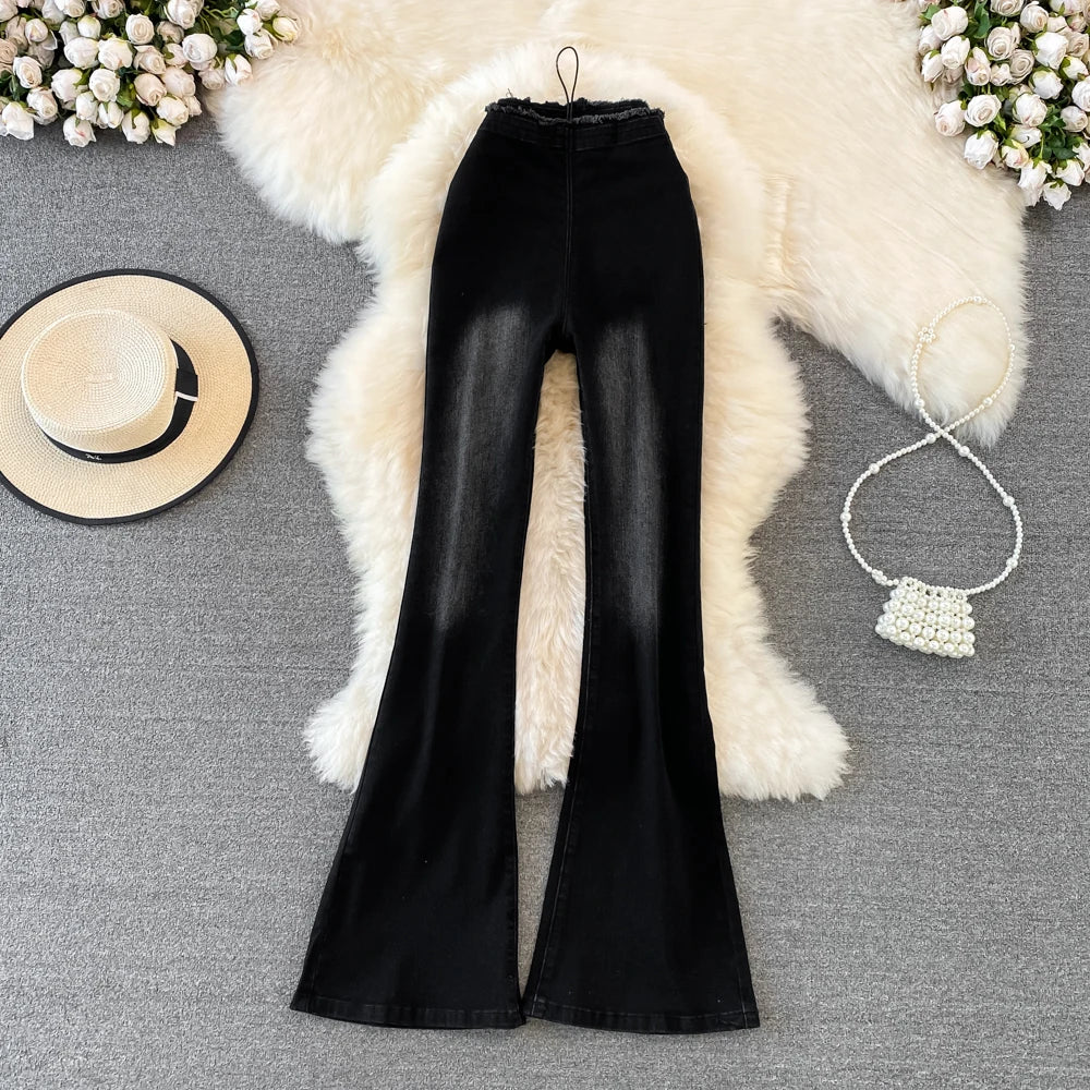 Fashion Women's Jeans 2025 Autumn New High Waist Slimming Tight-breasted Raw Edge Stretch Flared Trousers Korean Women Clothing