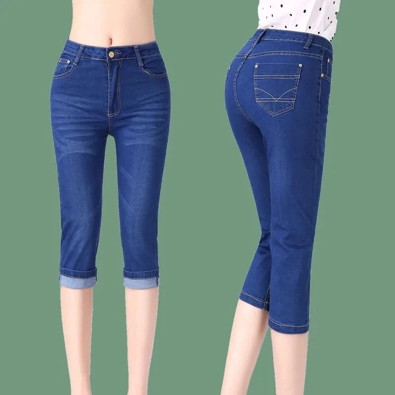 2025 New High waisted Women's Capri Denim Shorts Women Summer Thin Slim Vintage Jeans Stretch Short Straight leg Pants Leggings
