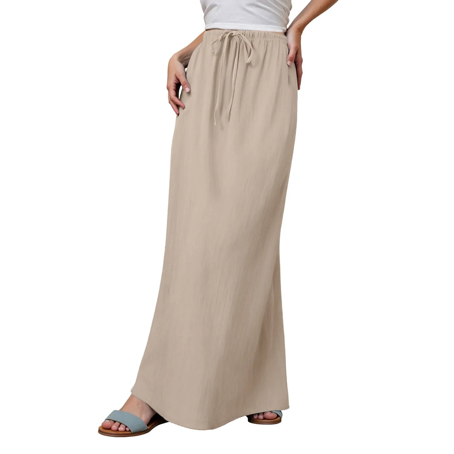Women Summer Cotton Linen A Line Skirts Elastic Waist Drawstring Comfy Trendy Long Skirt Boho Beach Vacation Long Skirt