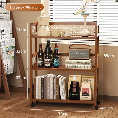 Wooden antique style coffee table, mobile coffee table, sofa side table, cart with pulley storage rack, rattan fence decoration
