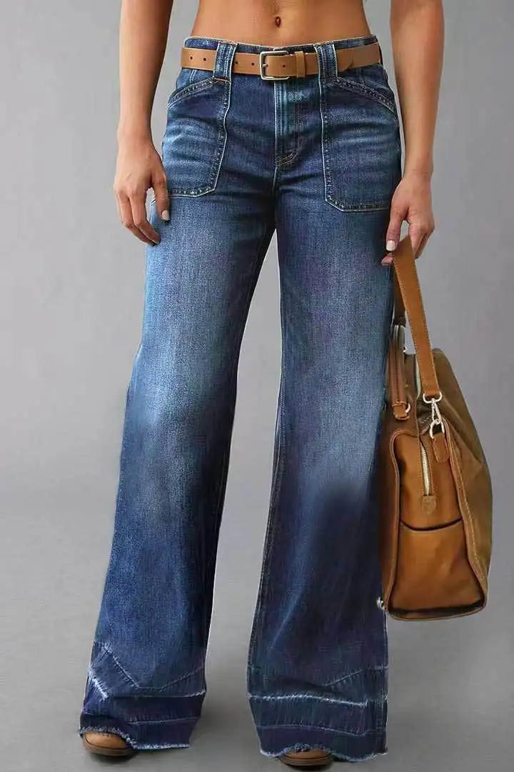 Jeans Women Denim Flare Pants Stretch High Waist Pockets Washed Distressed Floor Length Streetwear 2025 Boot Cut Trousers