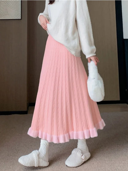 SMTHMA Mink Fur Skirt For Women's 2026 New Autumn Winter Elastic High Waist Knitted Skirt Ladies Mid Ruffle Pleated Skirt