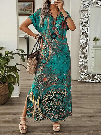 Simple Fashion Women's V-neck Dress Striped Print Women's Dress Summer Loose Comfortable Slit Women's Short-sleeved Dress