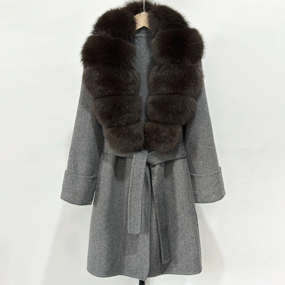GENHUA 2025 New Winter Cashmere Wool Blends Women Natural Fox Fur Collar Cuffs Slim Fit Suit Double Sided Woolen Trench Coat