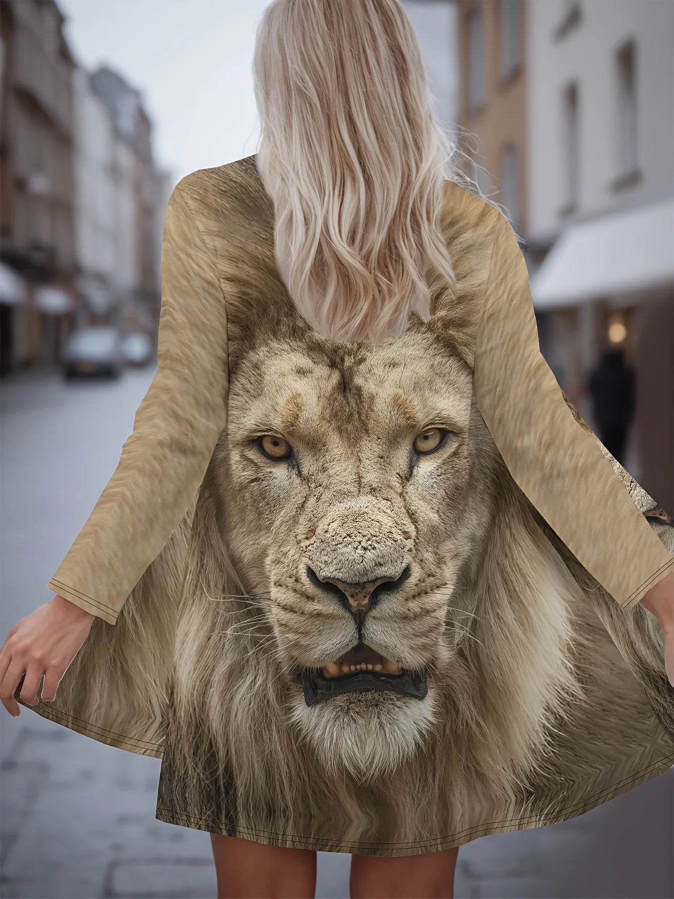 Women's Winter Jacket with 3D Tiger and Lion Animal Prints, Front-Opening Loose Fit Cape, Casual Polyester Women's Clothing
