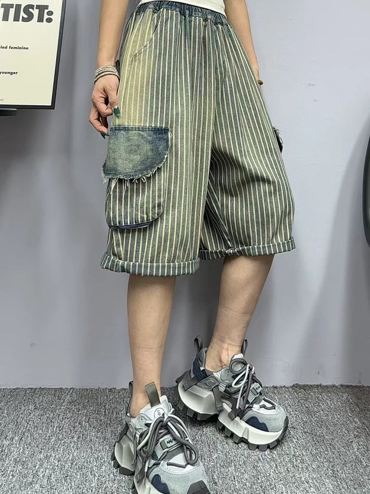 Amax luluE Summer Womens Fashion Striped Denim Pants Females Loose Leisure Elastic Waist Jeans Classic Vintage Luxury Trousers