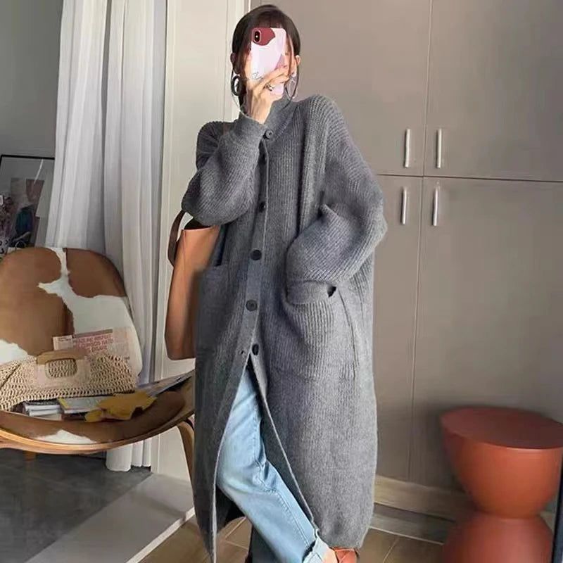 Solid Loose High Neck Women Mid Length Sweater Coat Spring Autumn Korean Single Breasted Casual Long Sleeve Knit Cardigan 6762#