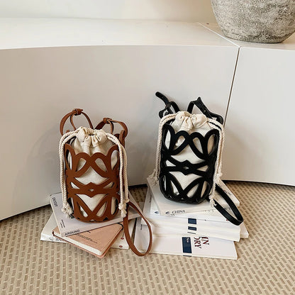 Solid Color PU Versatile Hollow Out Mini Bucket Bag Hot Sale Adjustable Strap Shoulder Bags Casual Drawstring Crossbody Bags