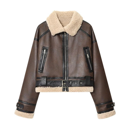 Vintage Furry Leather Women Winter Coats Big Lapel Long Sleeve Zipper Warm Outerwear 2025 Winter Chic Lady Street Short Jackets