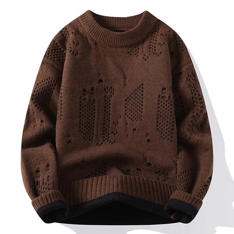 Autumn Winter Fashion Hole Knit Sweater Men O-Neck Solid Color Youthful Vitality Casual Knitted Pullovers Man Streetwear Sweater