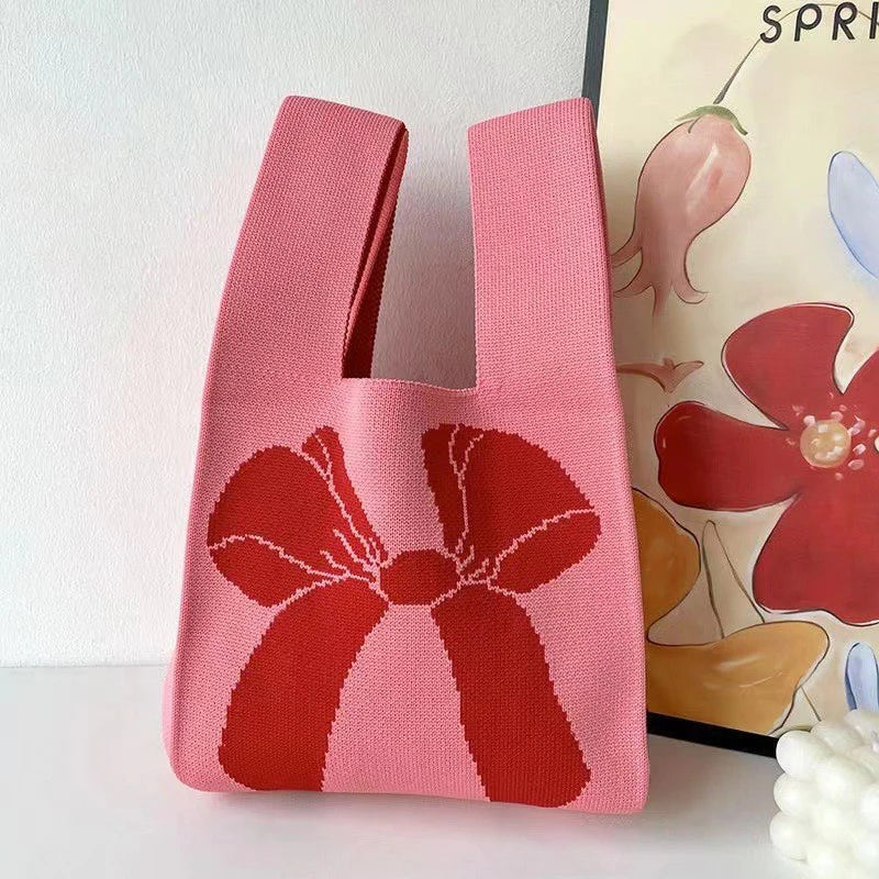 Fashion Handmade Knit Handbags Women Mini Knot Wrist Bag Korean Casual Tote Bag Reusable Shopping Bags