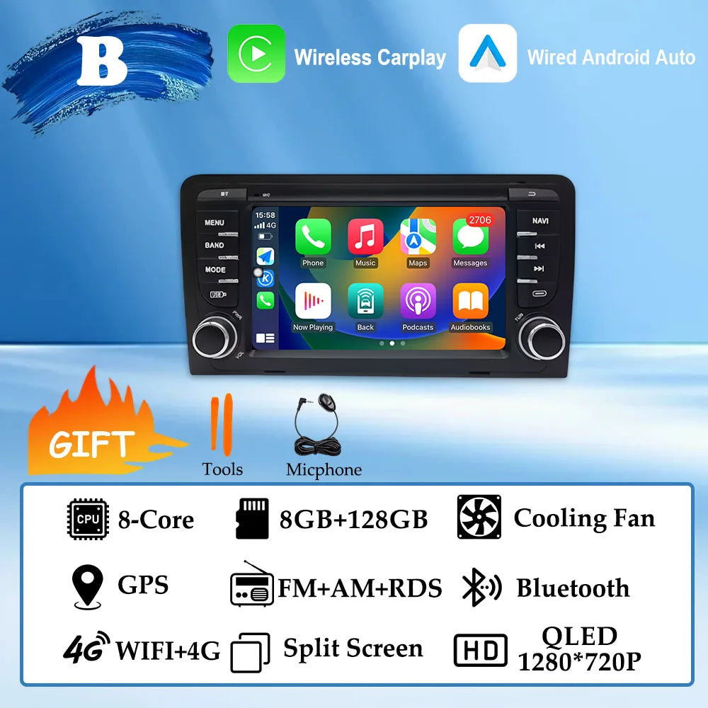 GPS Navigation 7 inch 4G Wifi Car Radio Android 16 for Audi A3 8P 2003-2011 S3 RS3 Sportback CarPlay Multimedia Player Video DSP