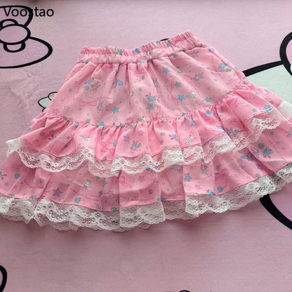 Pink Japanese Sweet Lolita Style Mini Skirt Women Kawaii Cartoon Bunny Bear Print Lace Cake Skirt Y2k Cute Skirts Faldas Mujer