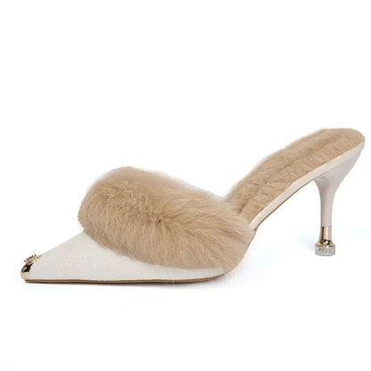 Women High Heel Shoes 2025 Fur Slippers Mules Pointed Toe Furry Slides Fashion Elegant Luxury Designer Flip Flops Office Pumps