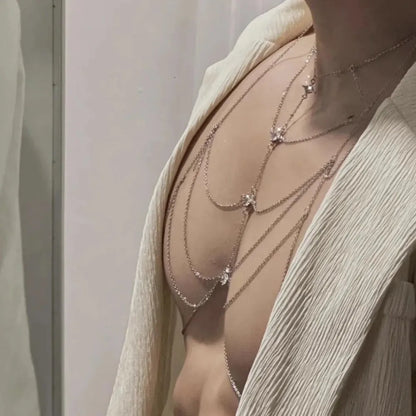 Body Jewelry Glitter Rhinestone Bust Chain Sexy Luxury Silver Body Chain Unique Trend Bikini Chest Chain Women