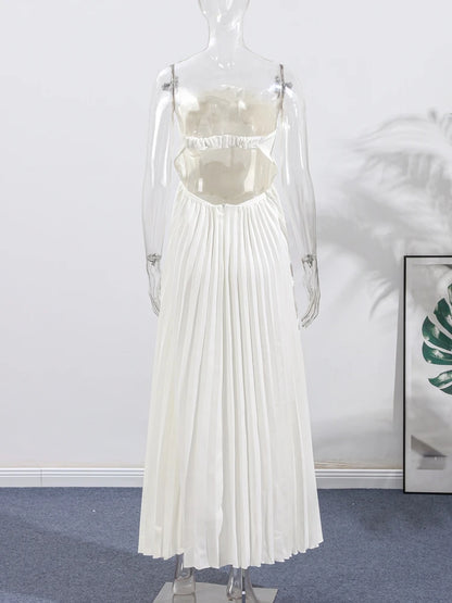 Sexy White Pleated Strapless Dress Women Sleeveless Backless Slim Split Dresses Female 2025 Simmer Lady Party Holiday Robe