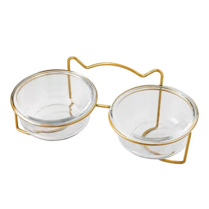 2x300ml Double Glass Cat Dog Bowl Puppy Food Bowl with Iron Frame Gold Stand Raised Water Feeder Bowl Pet Supplies Accessories