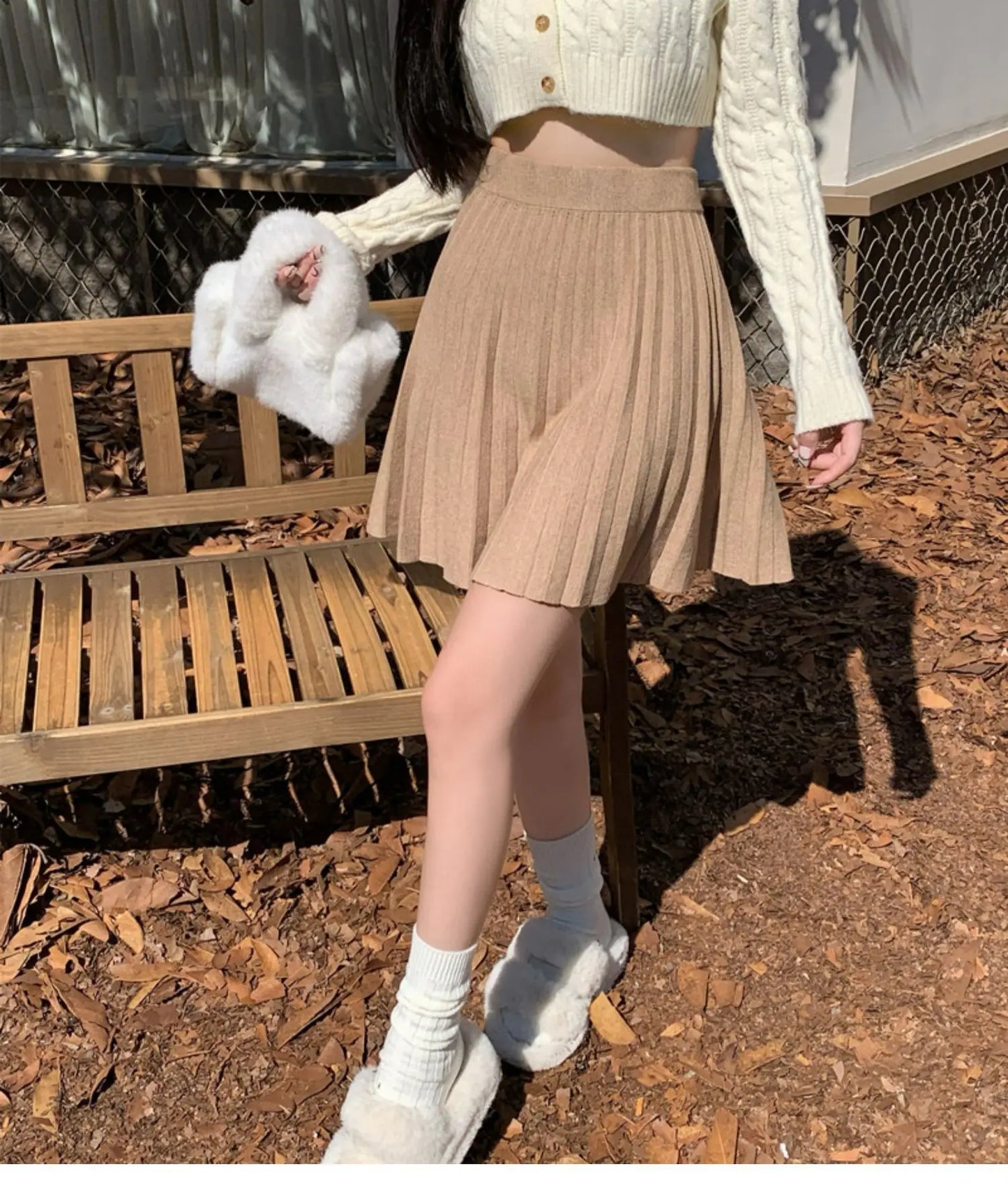 Women's Autumn Elegant A-Line Knitted Mini Skirt High Waist Pleated Skirt Femme Faldas Jupe Saia