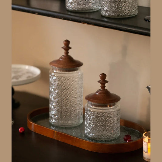 Glass Storage Bottle Ebony Sandalwood Lid Sealed Jar Kitchen Storager Organizer Candy Cans Vintage Coffee Bean Storage Bottle