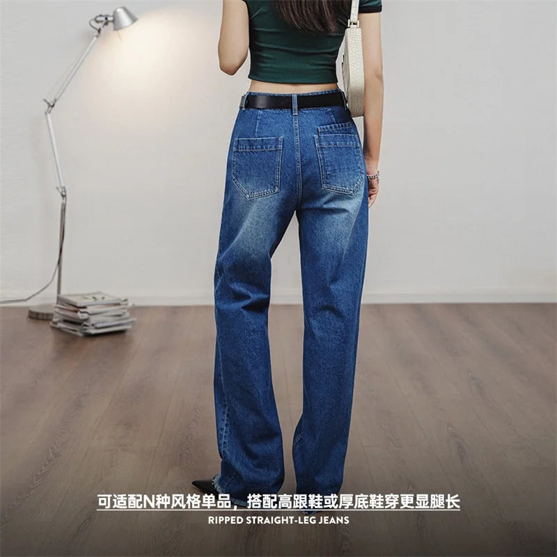 Maden Women Ripped Denim Jeans Washed Jeans 12.8 OZ Vintage Do Old Straight Full Length Pants Mid Waist Casual Blue Jeans