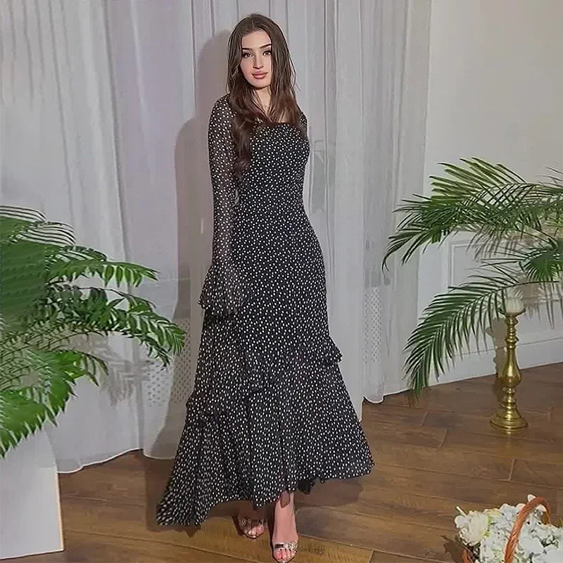 Women's Dress Elegant Fresh Sweet Polka Dot Print Asymmetrical Layered Long Sleeve Tie Details High Waist Slim Maxi Dress