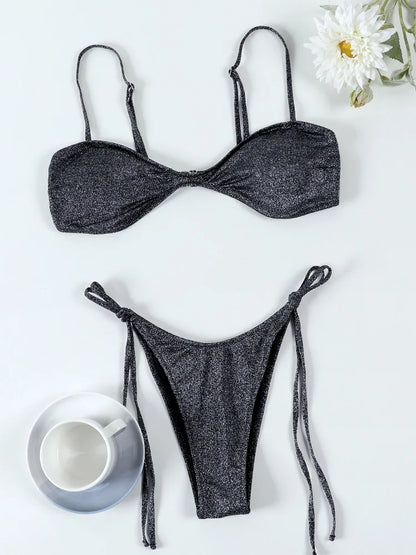 Miyouj 2026 Bikini Set Shiny Swimwear Solid Color Swimsuits Women's Beach Wear Suits Brazilian Biquini Triangle Two Piece Suit