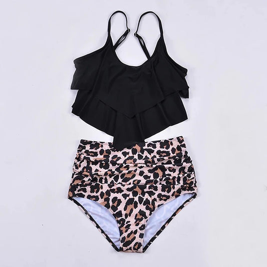 Bathing Suit Women Print 2 Piece Chic Layered Ruffles Suspender High Waist Bikini Summer 2025 New Casual Lady Beachwear Swimsuit