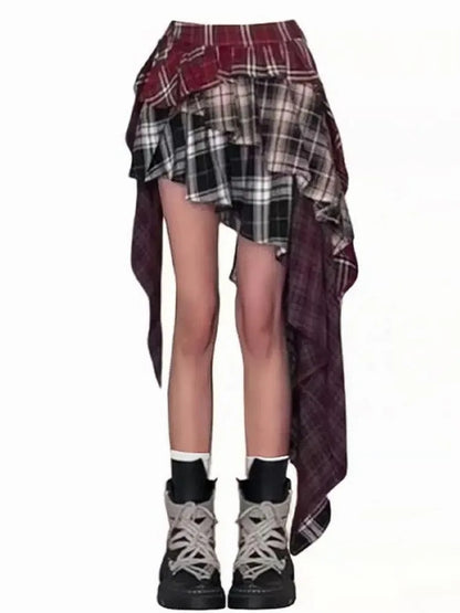 Y2K Women's Skirt Irregular Plaid Patchwork Large Size Summer Spice Girl Design A-line Skirt Trendy Pleated Streetwear Harajuku