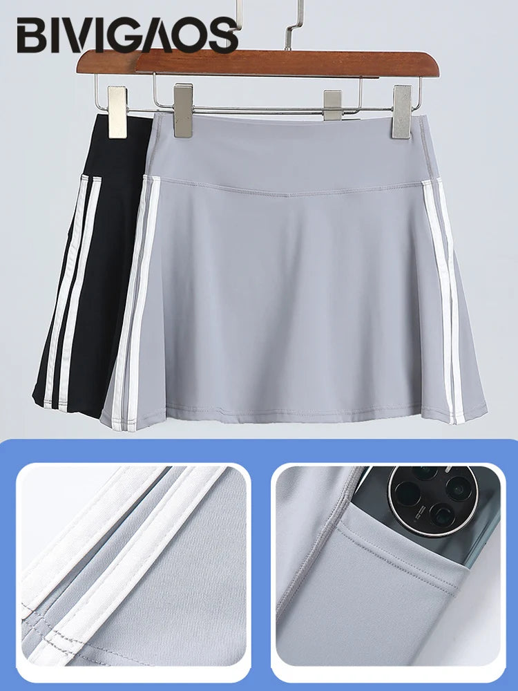 BIVIGAOS Summer Double Stripe Sport Tennis Short Skirts Women Fake Two Piece Stretch Running Fitness Golf A-line Yoga Mini Skirt