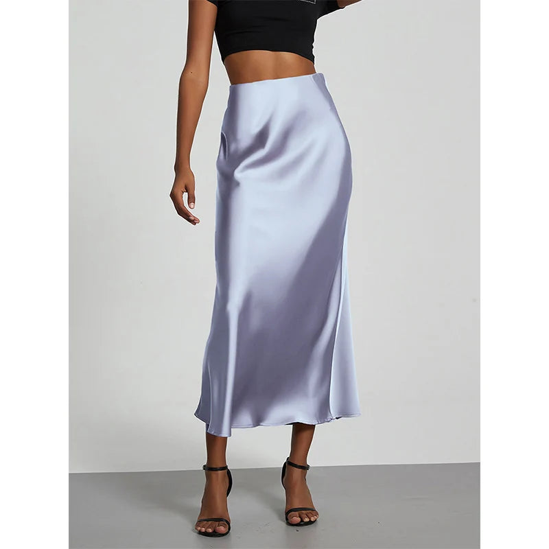 Fashion Satin Party Long Skirt High Waist Solid Color Casual Basic Women Skirts Fishtail Skirt Chic Summer Woman Clothing 2025