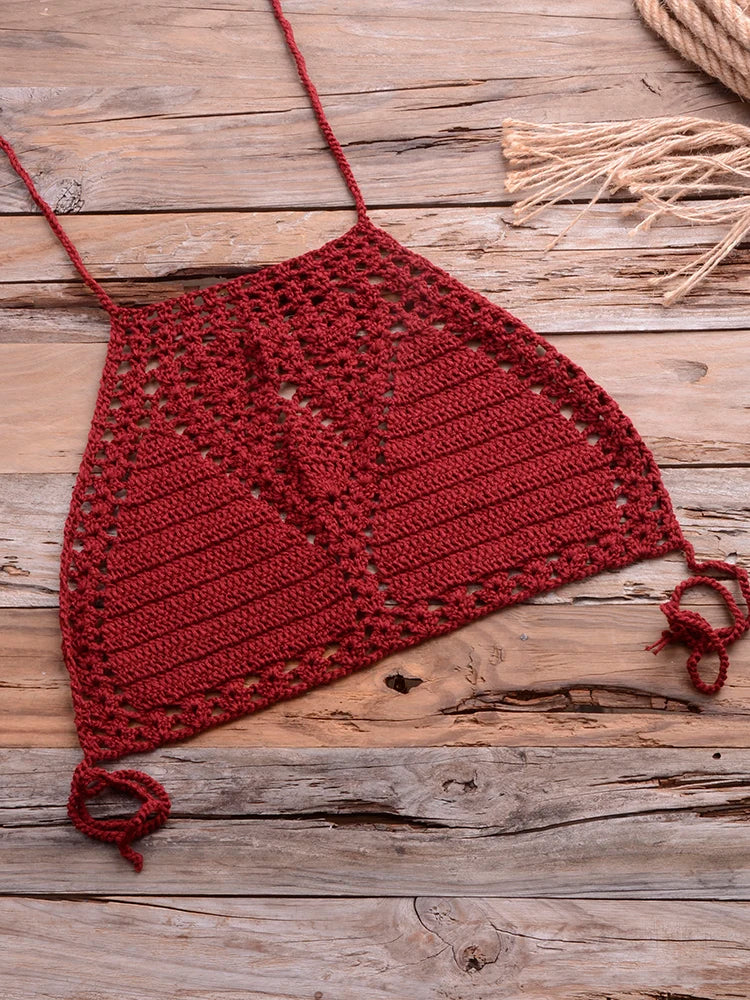 Sexy Crochet Bikinis Sets Handmade Knitted Cotton Swimwear Swimsuit Top + Bottom Bandage Women Sexy Beachwear Biquinis