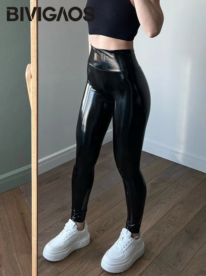 BIVIGAOS Spring New Colorful Mirror Leather Leggings Women Skinny Sexy Leather Pants High Waist Elastic Bright Leather Leggings