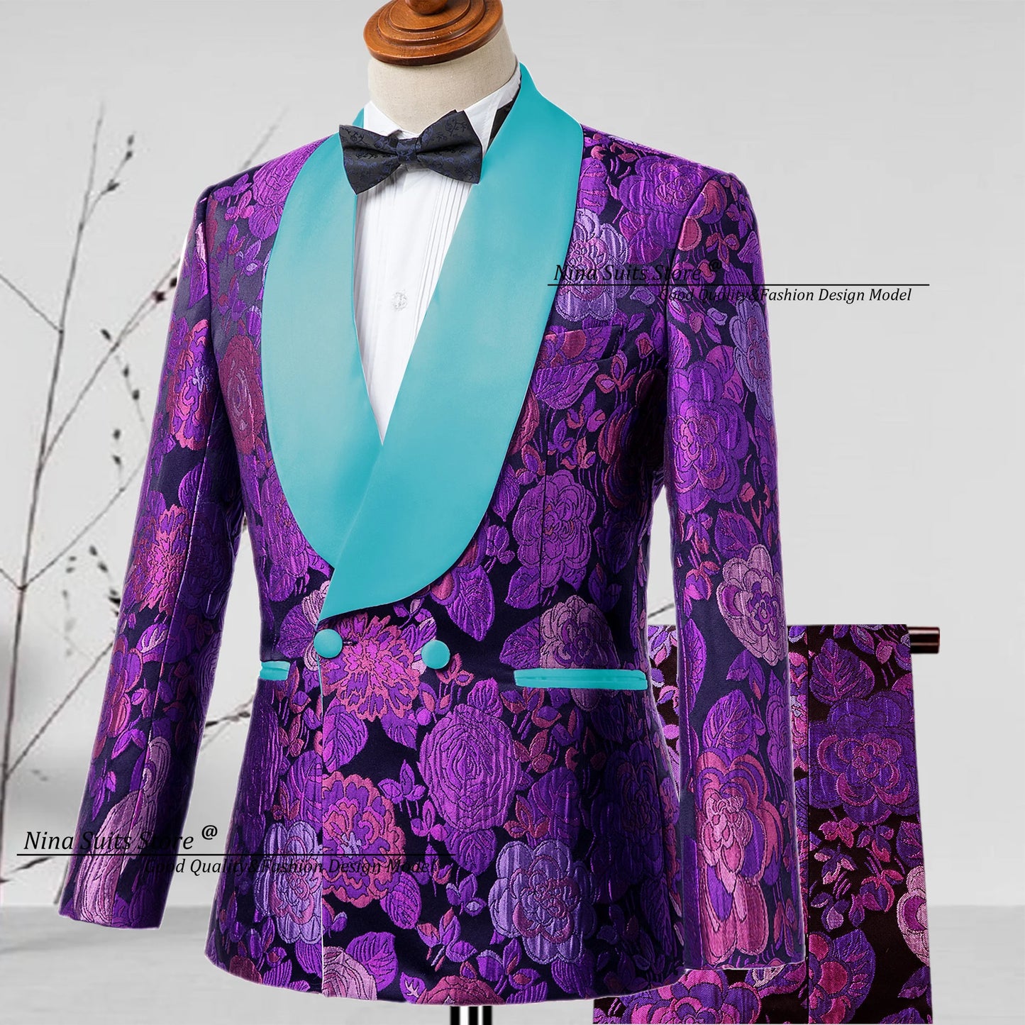 G&N 2025 New Jacquard Suit Men's 2-piece Formal Ball Performance Set Black Satin Collar Purple Rose Red Flower Pattern Costumes