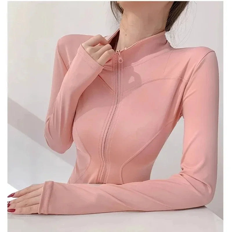 S-3XL Women's Fitness Jackets Yoga Coat with Zipper Slim Running Wear Stretch Gym Crop Top Lightweight Sports Outerwear Hoodless