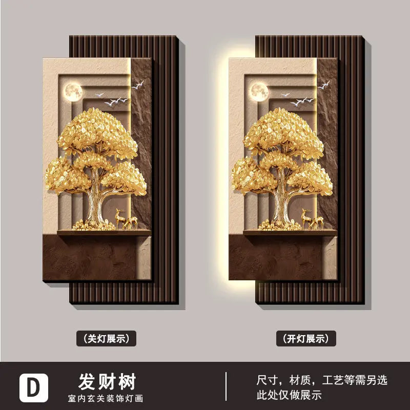 Decorative paintings at the entrance, money-bringing trees, and corridor hanging paintings, accompanied by illuminated murals