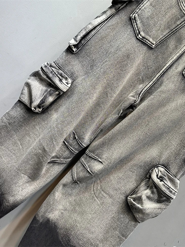 DEAT Women's Jeans Gradient Grey Loose Multiple Pockets Straight Wide Leg Denim Cargo Pants 2026 Summer New Fashion 29L3268
