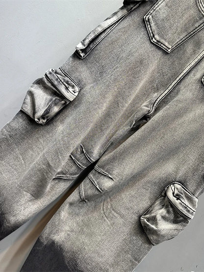 DEAT Women's Jeans Gradient Grey Loose Multiple Pockets Straight Wide Leg Denim Cargo Pants 2026 Summer New Fashion 29L3268