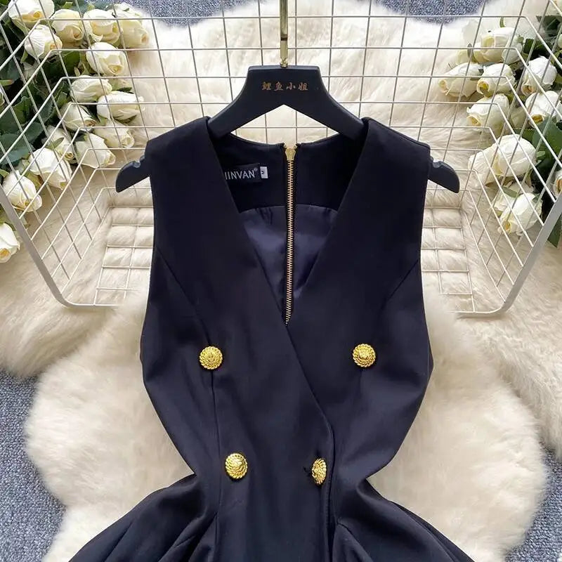 XFPV Women's Mini Dress New Elegant V-neck Sleeveless Button Zipper Folding Fashion Evening Party Clothing Female  22D1613