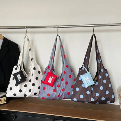 Nylon Dots Zipper Large Capacity Casual Tote Bag 2026 New Korean Style Versatile Bags Sweet Daily Commute Fashion Shoulder Bags