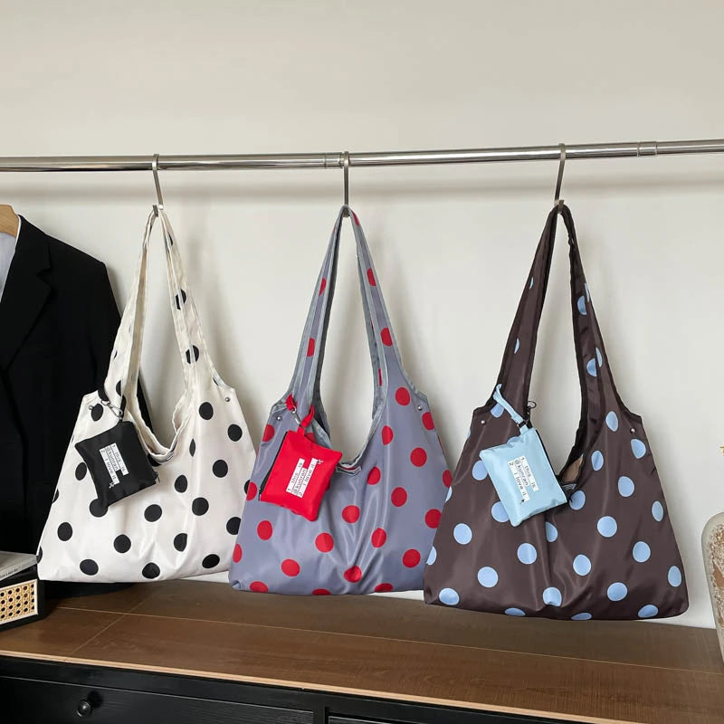 Nylon Dots Zipper Large Capacity Casual Tote Bag 2026 New Korean Style Versatile Bags Sweet Daily Commute Fashion Shoulder Bags