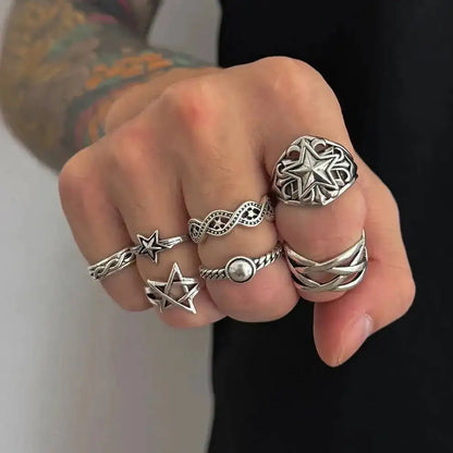 Ingemark 7Pcs/Set Goth Hollow Star Open Rings for Men New Trend Hip Hop Adjustable Finger Rings Grunge Jewelry Steampunk Gift