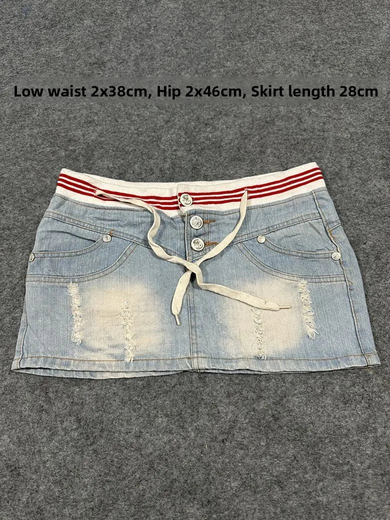 Sexy American Vintage Low Waist Denim  Skirt for Students Z4 Antiquing Y2K Trendy ort Skirt with Handmade Ripped And Fo...