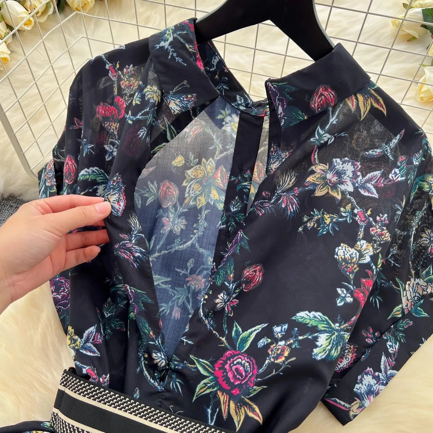 French Vintage Print Lapel Dress Women's Short Sleeve Floral Print High Waist Belt Office Lady Maxi Clothing Female Vestidos