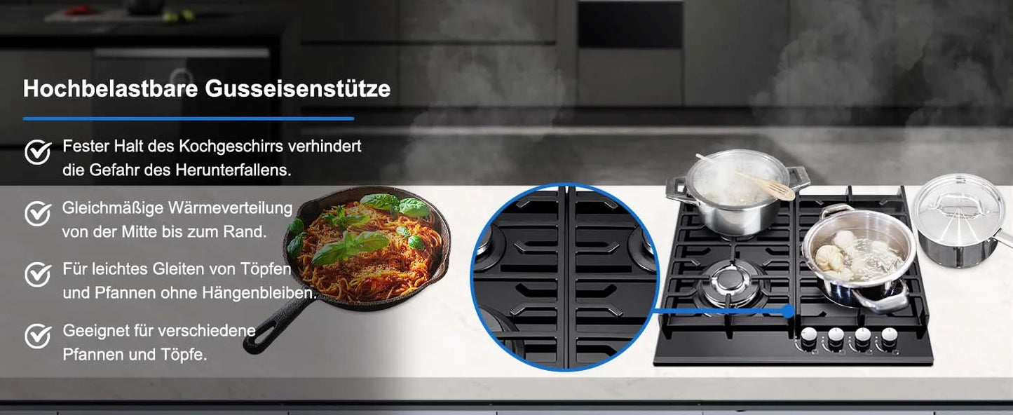 60cm Built-in Gas Hob 4 Burner | Flame Failure Protection & Cast Iron Grates | Black Glass Dual Fuel (NG/LPG)