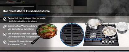 60cm Built-in Gas Hob 4 Burner | Flame Failure Protection & Cast Iron Grates | Black Glass Dual Fuel (NG/LPG)
