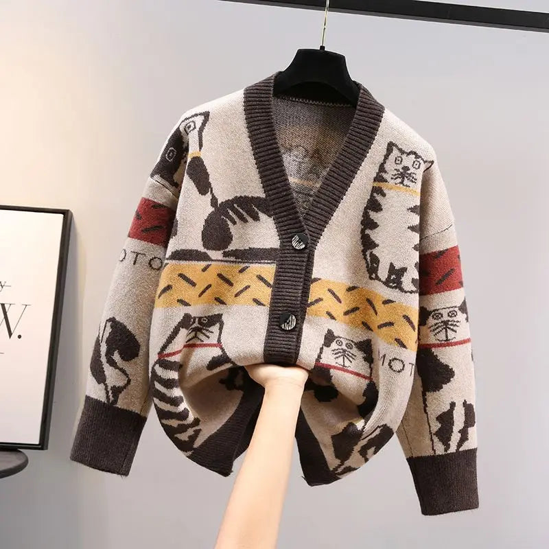 2023 Spring and Autumn New Cartoon Contrast Color Fashion Sweater Women's V-neck Knitted Cardigan Coat Trend