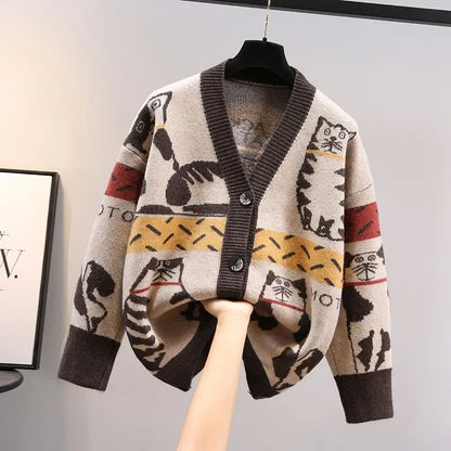 2023 Spring and Autumn New Cartoon Contrast Color Fashion Sweater Women's V-neck Knitted Cardigan Coat Trend
