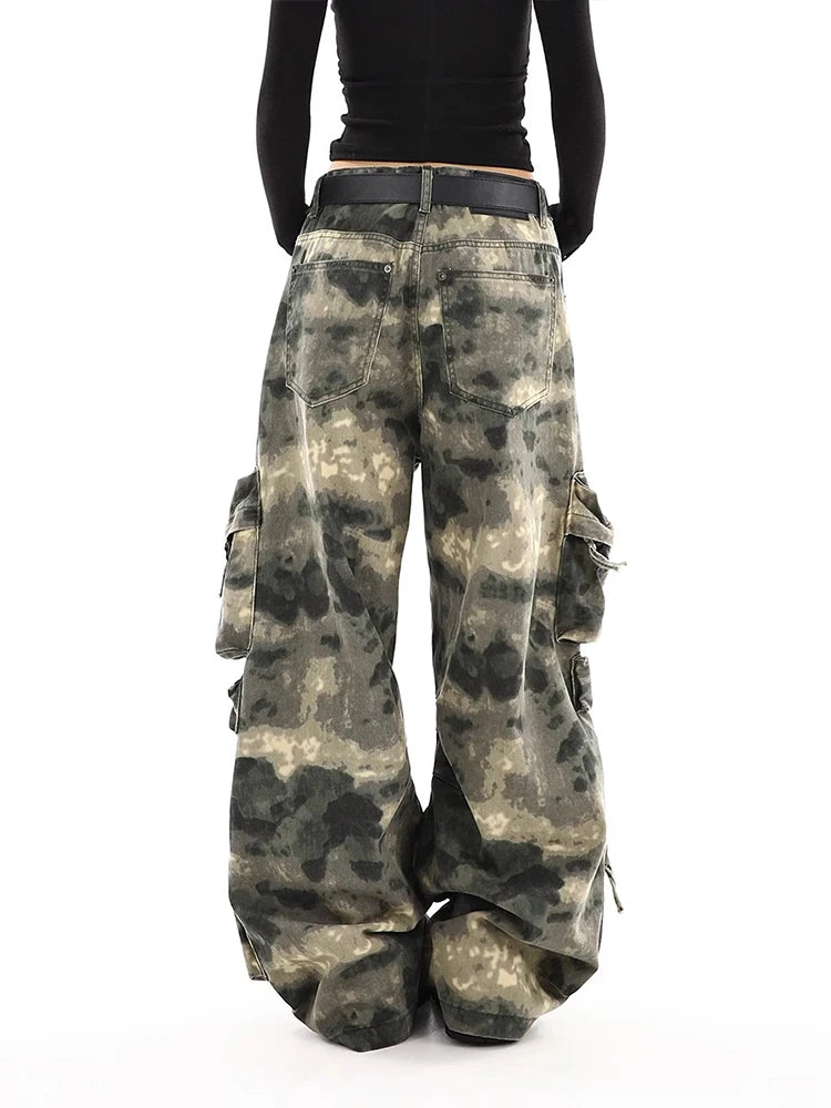 American Vintage Multi-pocket Camouflage Overalls Pants Women Y2K Streetwear Wide Leg Pants Popular Casual Straight Pants